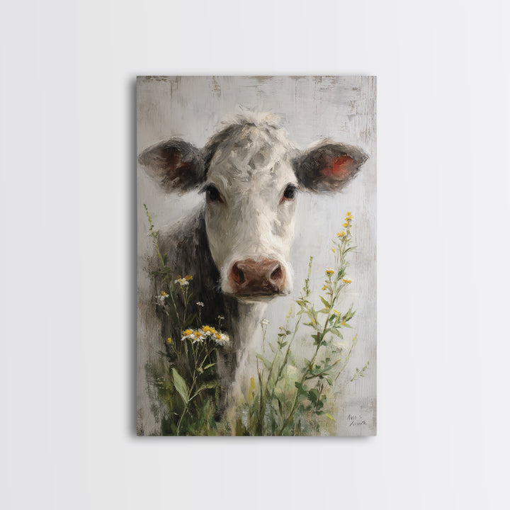 Cow Portrait with Gentle Farmhouse Personality Framed Canvas Print, Country Art, Digital Art Prints, Farmhouse Decor, Country, COU-2x3-36