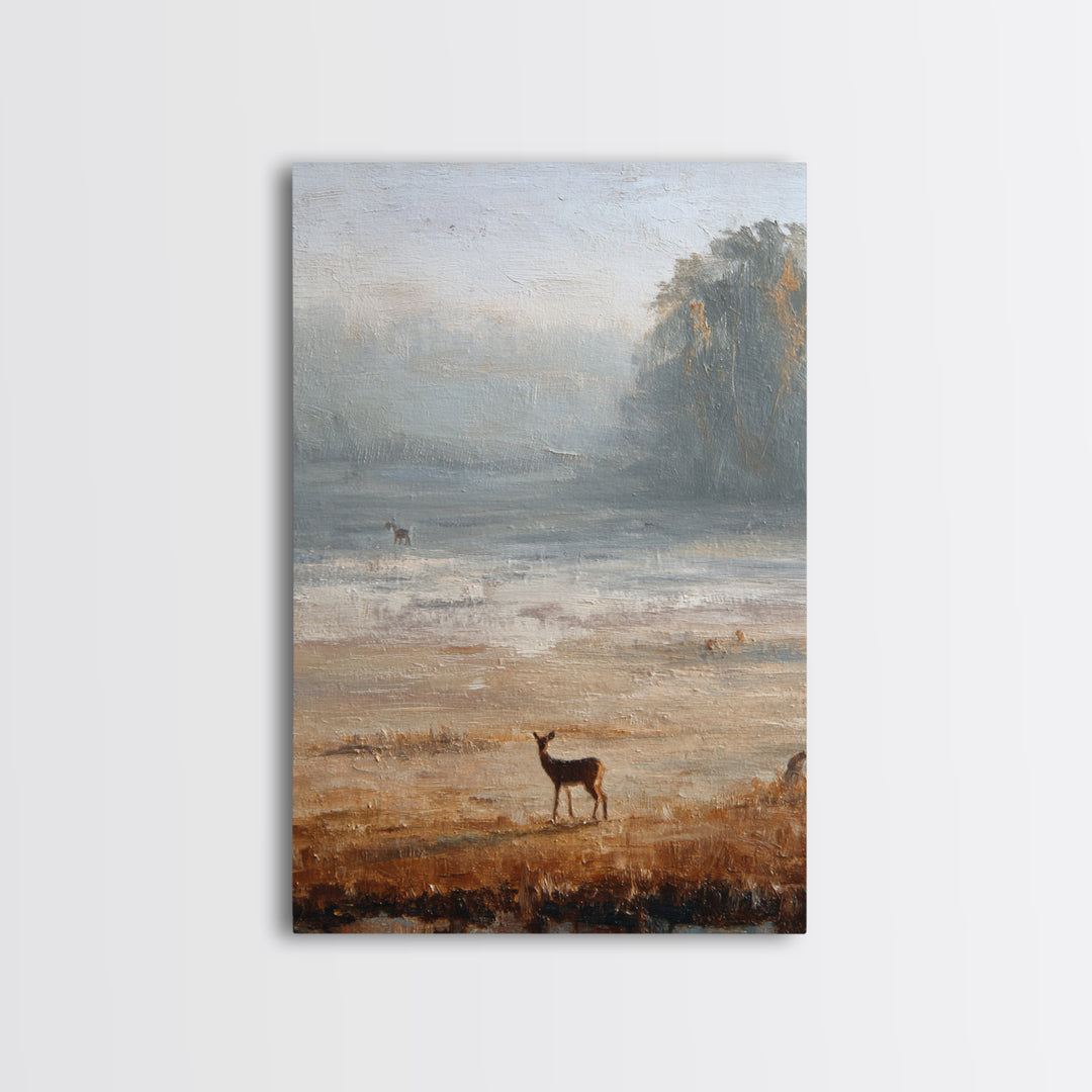 Deer Crossing a Misty Morning Field Framed Canvas Print, Country Art, Contemporary Art, Farmhouse Decor, Fine Art, Country, COU-2x3-43