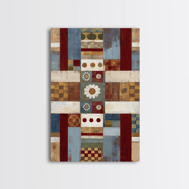 Quilt Geometric Folk Pattern Framed Canvas Print, Country Art, Landscape Wall Art, Farmhouse Decor, Abstract Art, Country, COU-2x3-44