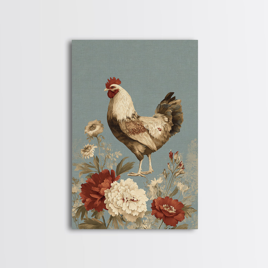 Chickens Pecking Near Garden Flowers Framed Canvas Print, Country Art, Textured Painting, Farmhouse Decor, Fine Art, Country, COU-2x3-46