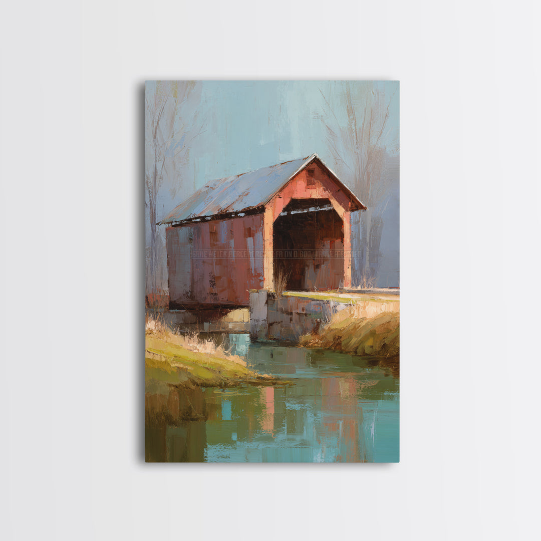 Covered Bridge over a Quiet Creek Framed Canvas Print, Country Art, Wall Art, Farmhouse Decor, Abstract Art, Country, COU-2x3-47
