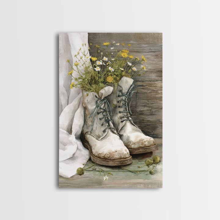 Weathered Boots with Wildflowers Tucked Inside Framed Canvas Print, Country Art, Statement Artwork, Farmhouse Decor, Country, COU-2x3-48