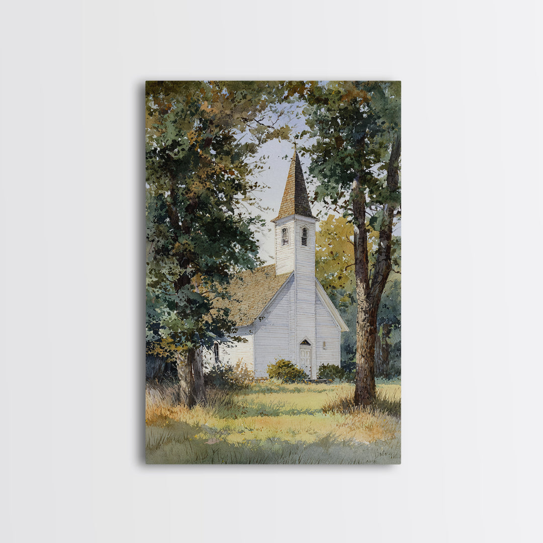 Country Church Steeple Beyond Trees Framed Canvas Print, Country Art, Room Decor, Farmhouse Decor, Oil Painting, Country, COU-2x3-51