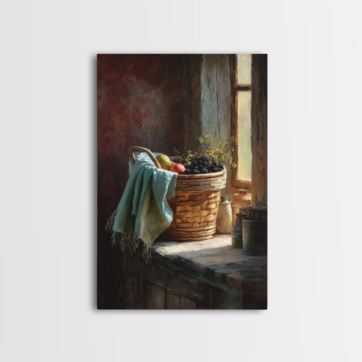 Blackberry Basket with Linen Cloth Framed Canvas Print, Country Art, Printable Wall Art, Farmhouse Decor, Abstract Art, Country, COU-2x3-53