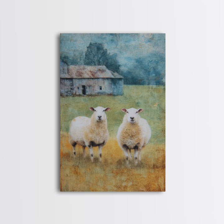Watercolor Sheep in a Green Pasture Framed Canvas Print, Country Art, Textured Painting, Farmhouse Decor, Fine Art, Country, COU-2x3-55