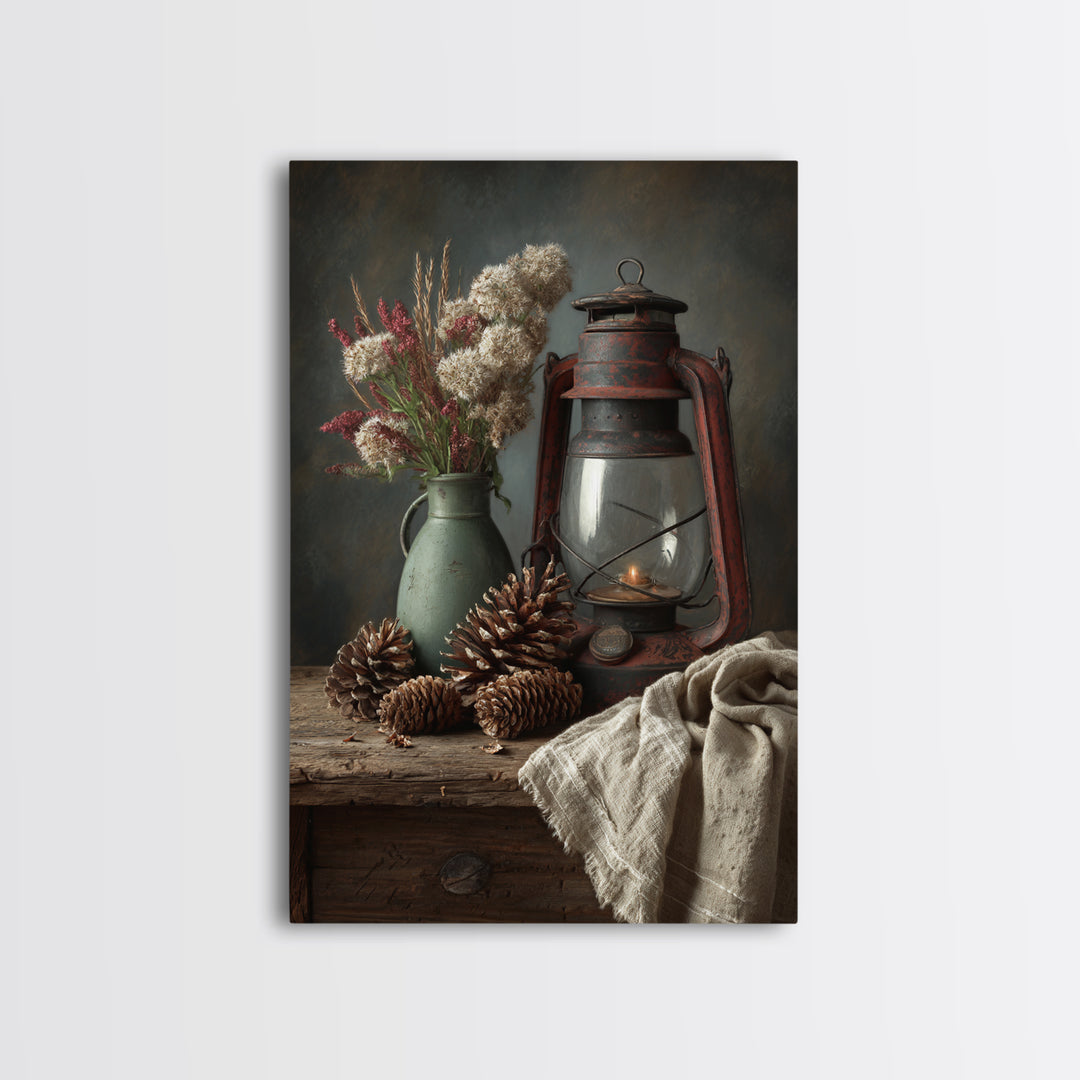 Old Lantern and Pinecones Still Life Framed Canvas Print, Country Art, Wall Decor, Farmhouse Decor, Abstract Art, Country, COU-2x3-56