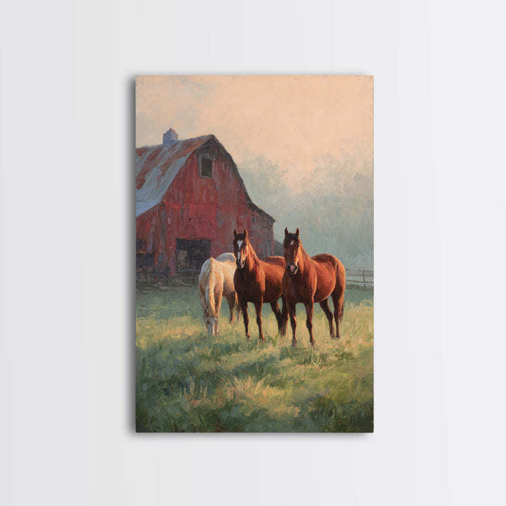 Rolling Pasture with Grazing Horses at Sunrise Canvas Print, Country Art, Printable Art, Farmhouse Decor, Oil Painting, Country, COU-2x3-57