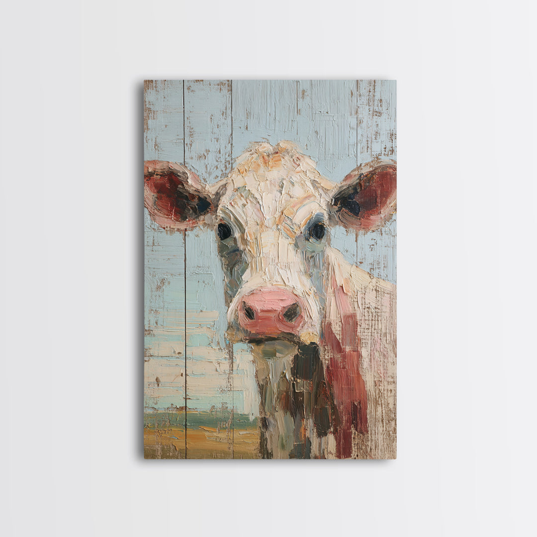 Cow Portrait with Gentle Farmhouse Personality Framed Canvas Print, Country Art, Wall Art, Farmhouse Decor, Oil Painting, COU-2x3-60