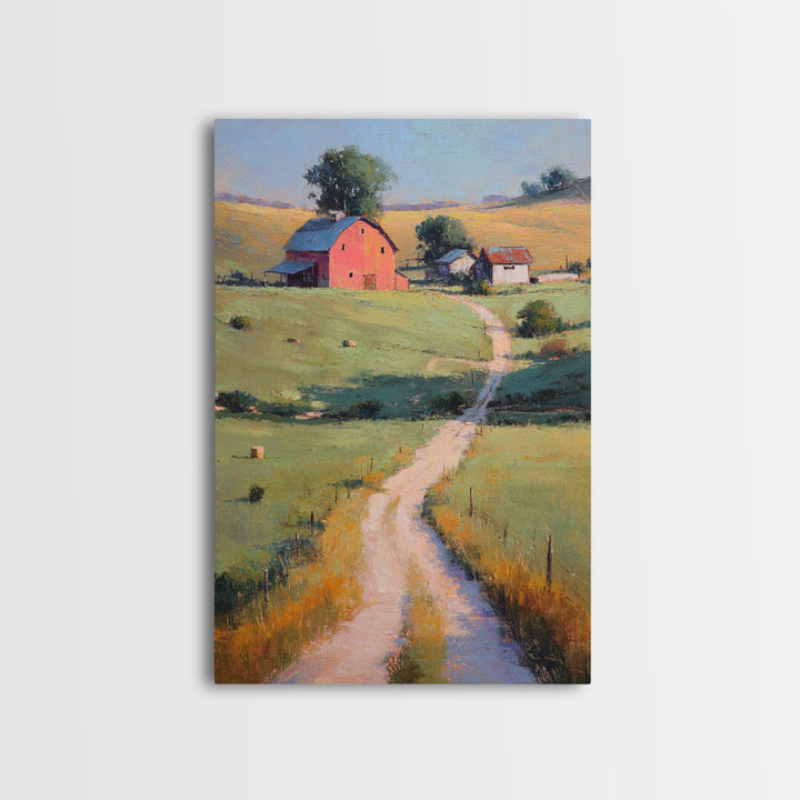 Country Road Disappearing into Green Hills Framed Canvas Print, Country Art, Digital Prints, Farmhouse Decor, Watercolor Art, COU-2x3-63