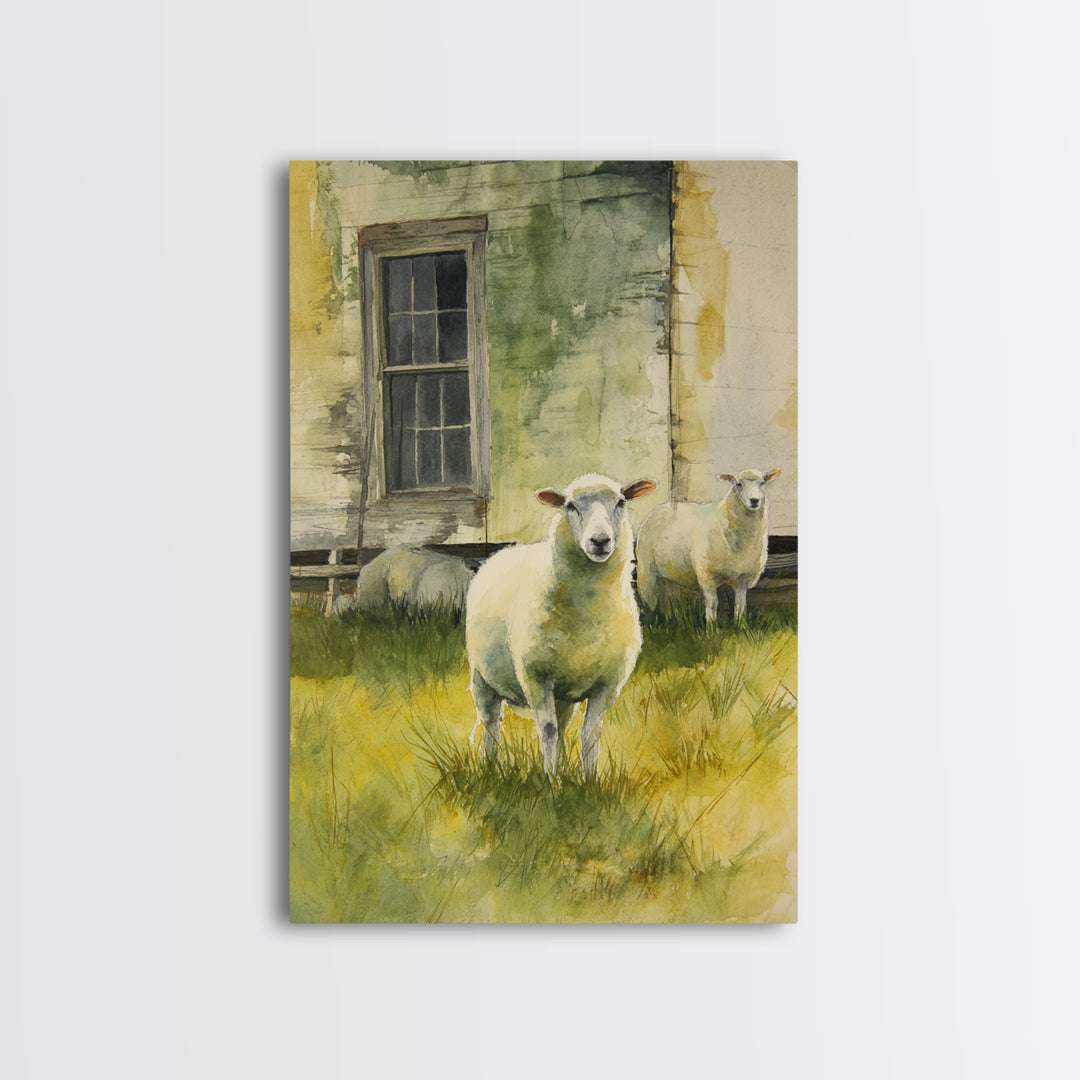 Watercolor Sheep in a Green Pasture Canvas Print, Country Art, Landscape Painting, Farmhouse Decor, Fine Art, Country, COU-2x3-7
