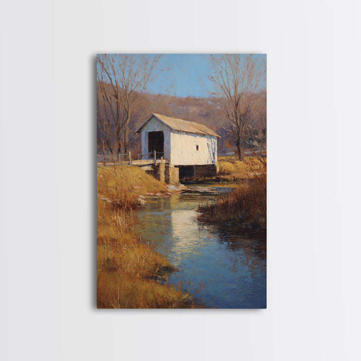 Covered Bridge over a Quiet Creek Canvas Print, Country Art, Art Print, Farmhouse Decor, Fine Art, Country, Watercolor Painting, COU-2x3-71