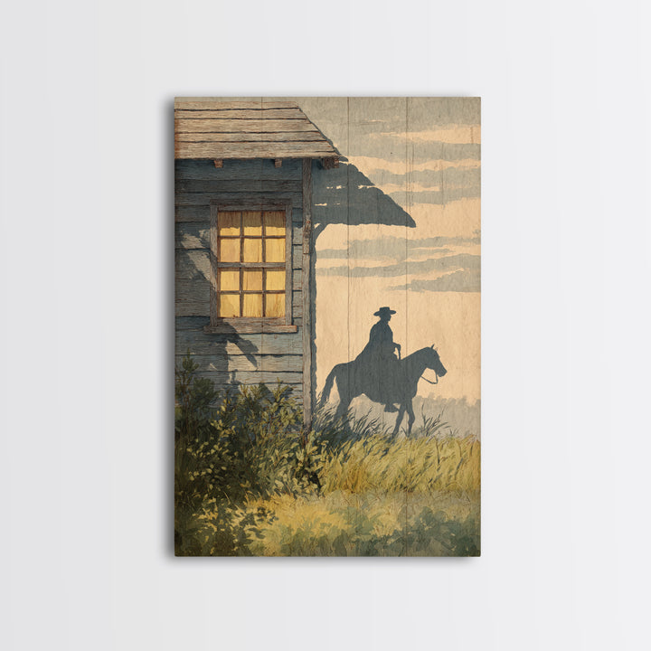 Horse and Rider Silhouette at Dusk Framed Canvas Print, Country Art, Large Wall Art, Farmhouse Decor, Fine Art, Country, COU-2x3-73