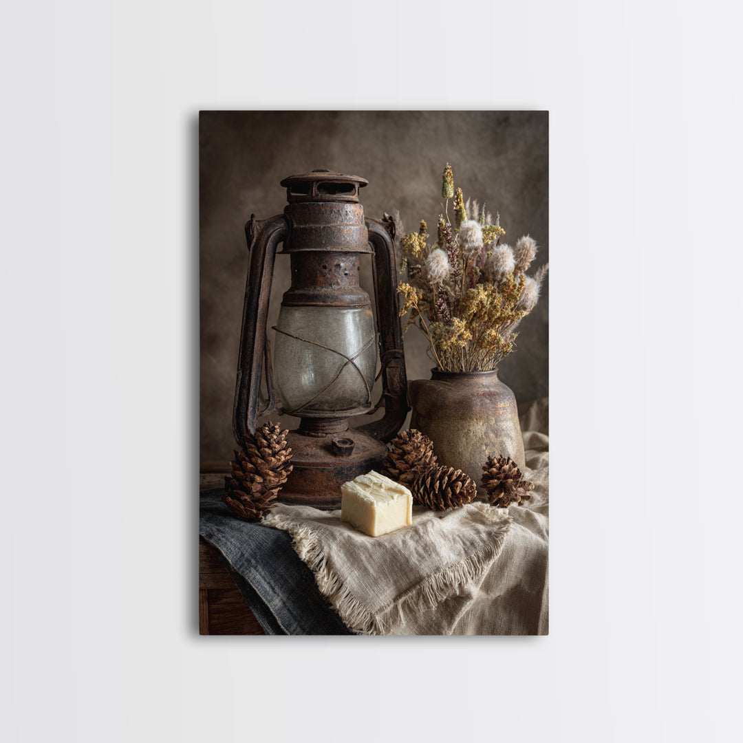 Old Lantern and Pinecones Still Life Framed Canvas Print, Country Art, Farmhouse Wall Decor, Farmhouse Decor, Oil Painting, COU-2x3-8