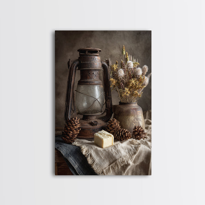 Old Lantern and Pinecones Still Life Framed Canvas Print, Country Art, Farmhouse Wall Decor, Farmhouse Decor, Oil Painting, COU-2x3-8