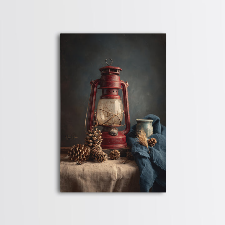 Old Lantern and Pinecones Still Life Framed Canvas Print, Country Art, Farmhouse Decor, Watercolor Art, Country, COU-2x3-80