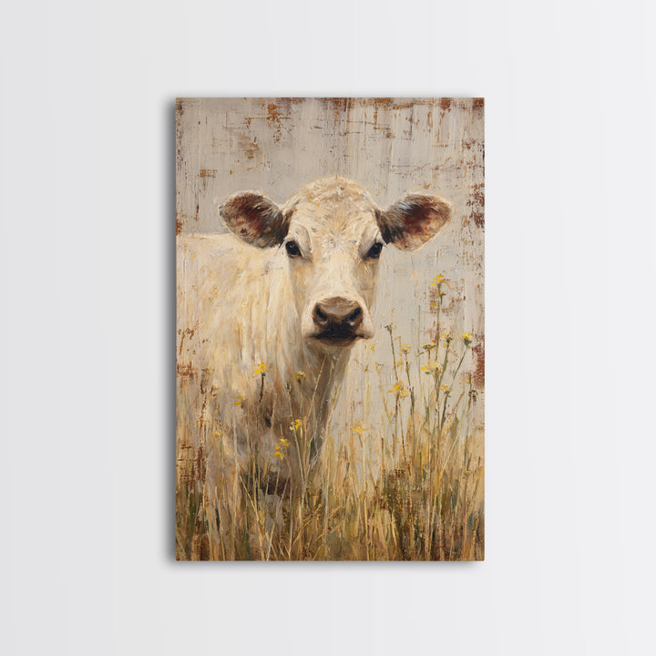 Cow Portrait with Gentle Farmhouse Personality Framed Canvas Print, Country Art, Landscape Painting, Farmhouse Decor, Country, COU-2x3-84