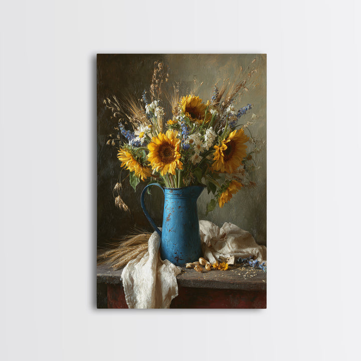 Sunflowers in a Blue Enamel Pitcher Framed Canvas Print, Country Art, Printable Wall Art, Farmhouse Decor, Fine Art, Country, COU-2x3-88