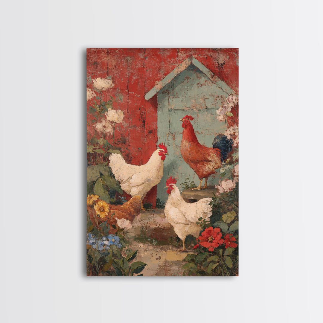 Chickens Pecking Near Garden Flowers Framed Canvas Print, Country Art, Farmhouse Decor, Watercolor Art, Country, COU-2x3-94