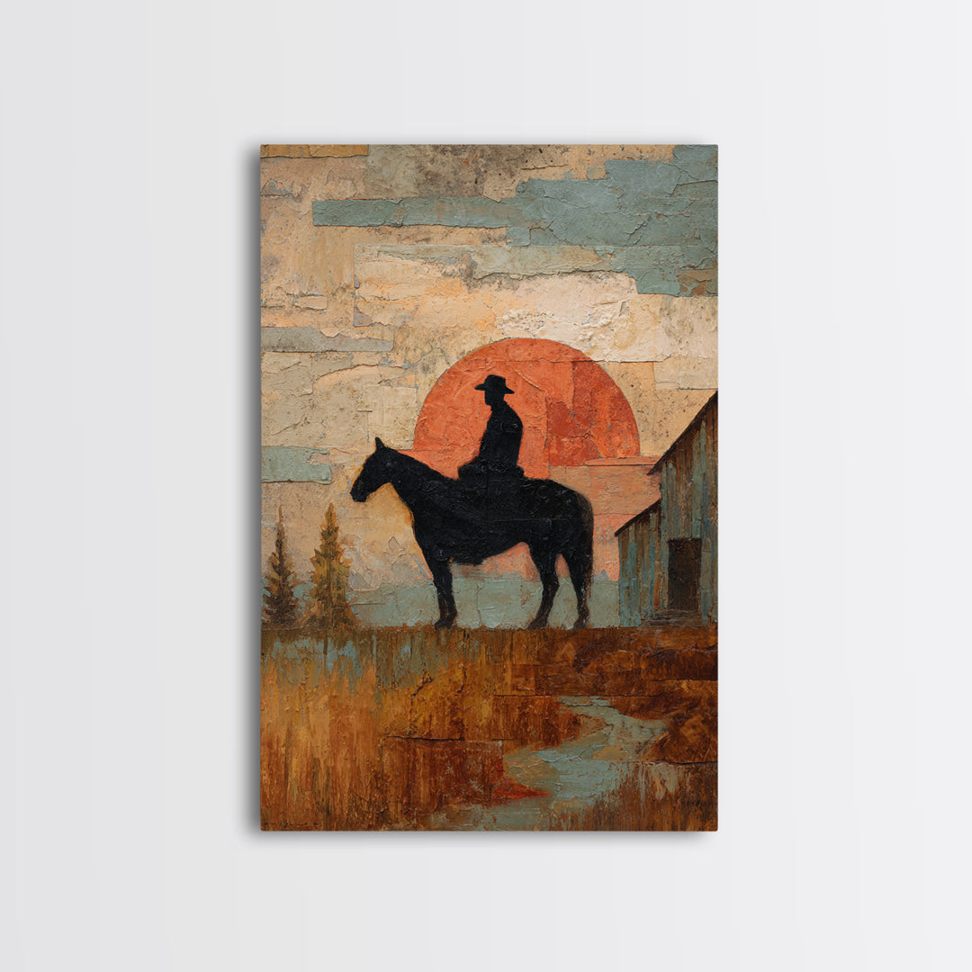 Horse and Rider Silhouette at Dusk Framed Canvas Print, Country Art, Large Wall Art, Farmhouse Decor, Fine Art, Country, COU-2x3-97