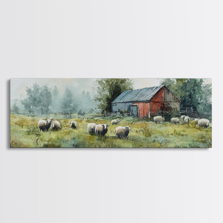 Watercolor Sheep in a Green Pasture Framed Canvas Print, Country Art, Gallery Wall Art, Farmhouse Decor, Fine Art, Country, COU-3x1-15
