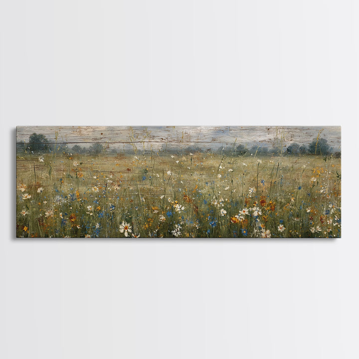 Wildflower Meadow Beside an Old Fence Framed Canvas Print, Country Art, Oil Painting, Farmhouse Decor, Watercolor Art, Country, COU-3x1-18