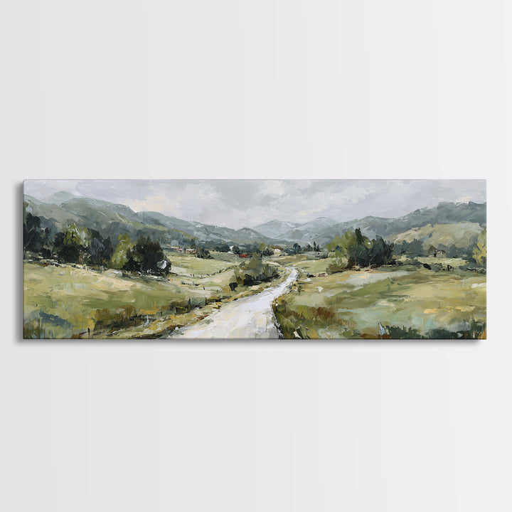 Country Road Disappearing into Green Hills Framed Canvas Print, Country Art, Statement Artwork, Farmhouse Decor, Country, COU-3x1-23
