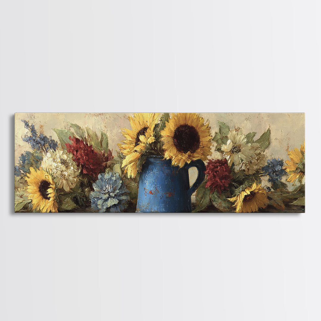 Sunflowers in a Blue Enamel Pitcher Canvas Print, Country Art, Farmhouse Wall Art, Farmhouse Decor, Watercolor Art, Country, COU-3x1-24