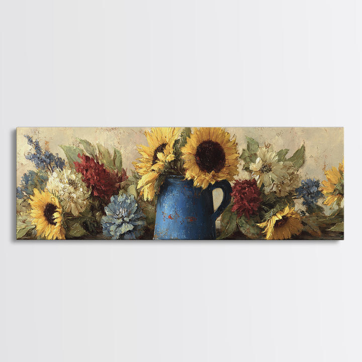 Sunflowers in a Blue Enamel Pitcher Canvas Print, Country Art, Farmhouse Wall Art, Farmhouse Decor, Watercolor Art, Country, COU-3x1-24