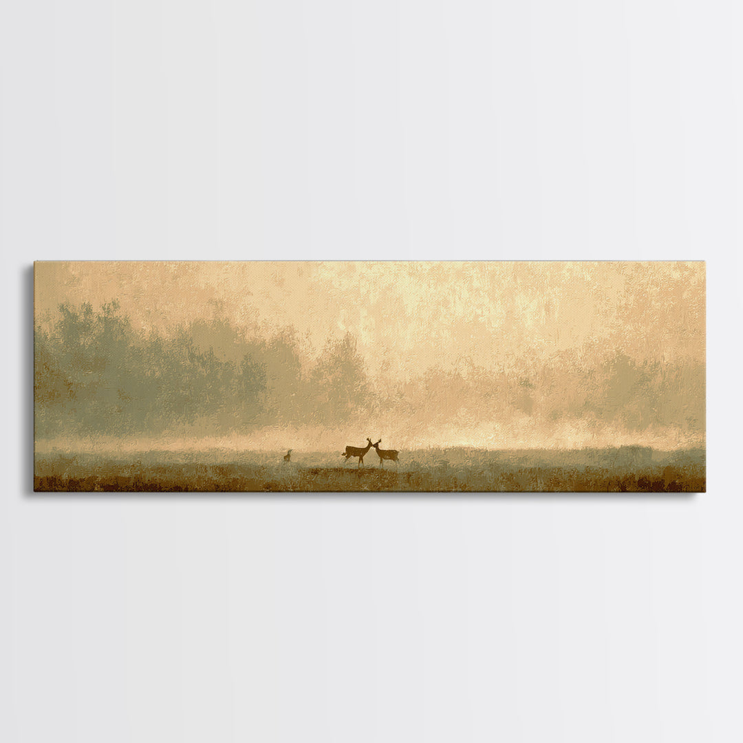 Deer Crossing a Misty Morning Field Framed Canvas Print, Country Art, Boho Decor, Farmhouse Decor, Fine Art, Country, COU-3x1-27