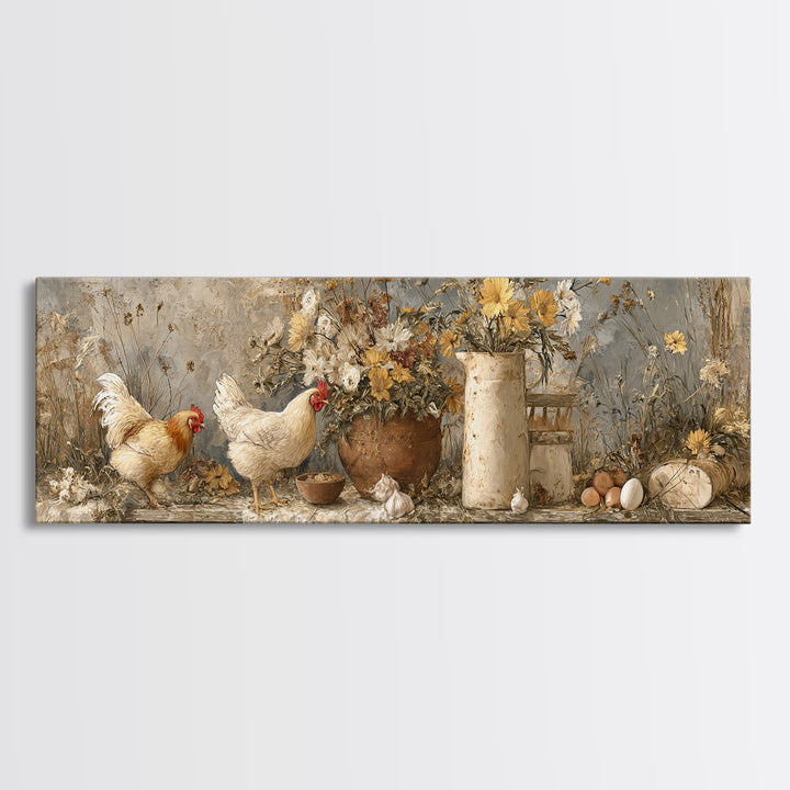 Chickens Pecking Near Garden Flowers Canvas Print, Country Art, Wall Art, Farmhouse Decor, Watercolor Art, Country, COU-3x1-30