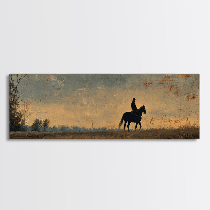 Horse and Rider Silhouette at Dusk Canvas Print, Country Art, Farmhouse Decor, Country, Gallery Wall Art, Landscape Wall Art, COU-3x1-33