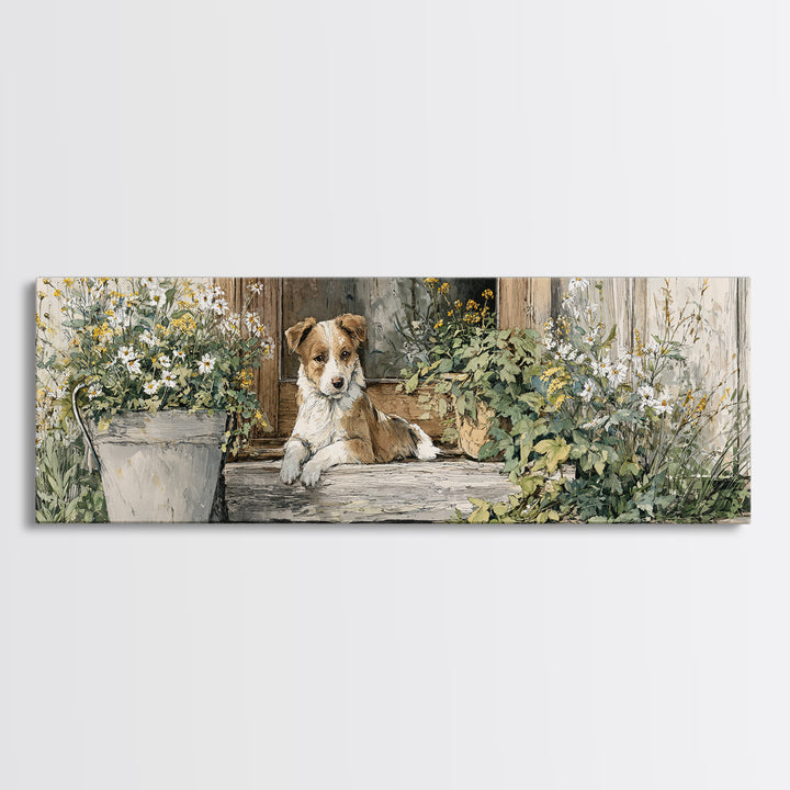 Dog Resting Beside a Porch Flower Pot Canvas Print, Country Art, Original Painting, Farmhouse Decor, Oil Painting, Country, COU-3x1-38