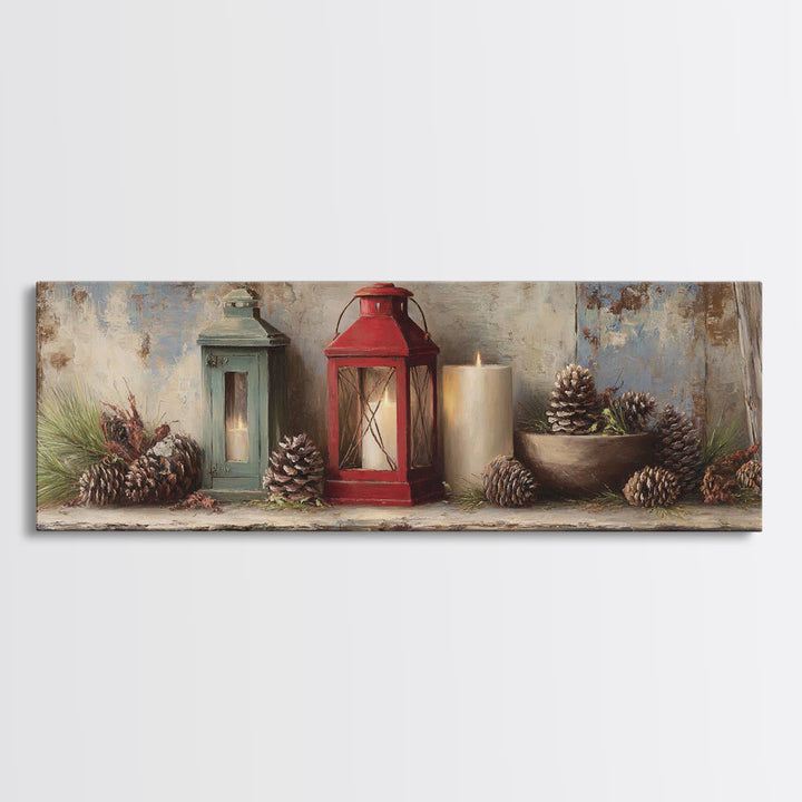 Old Lantern and Pinecones Still Life Canvas Print, Country Art, Gallery Decor, Farmhouse Decor, Fine Art, Country, COU-3x1-40