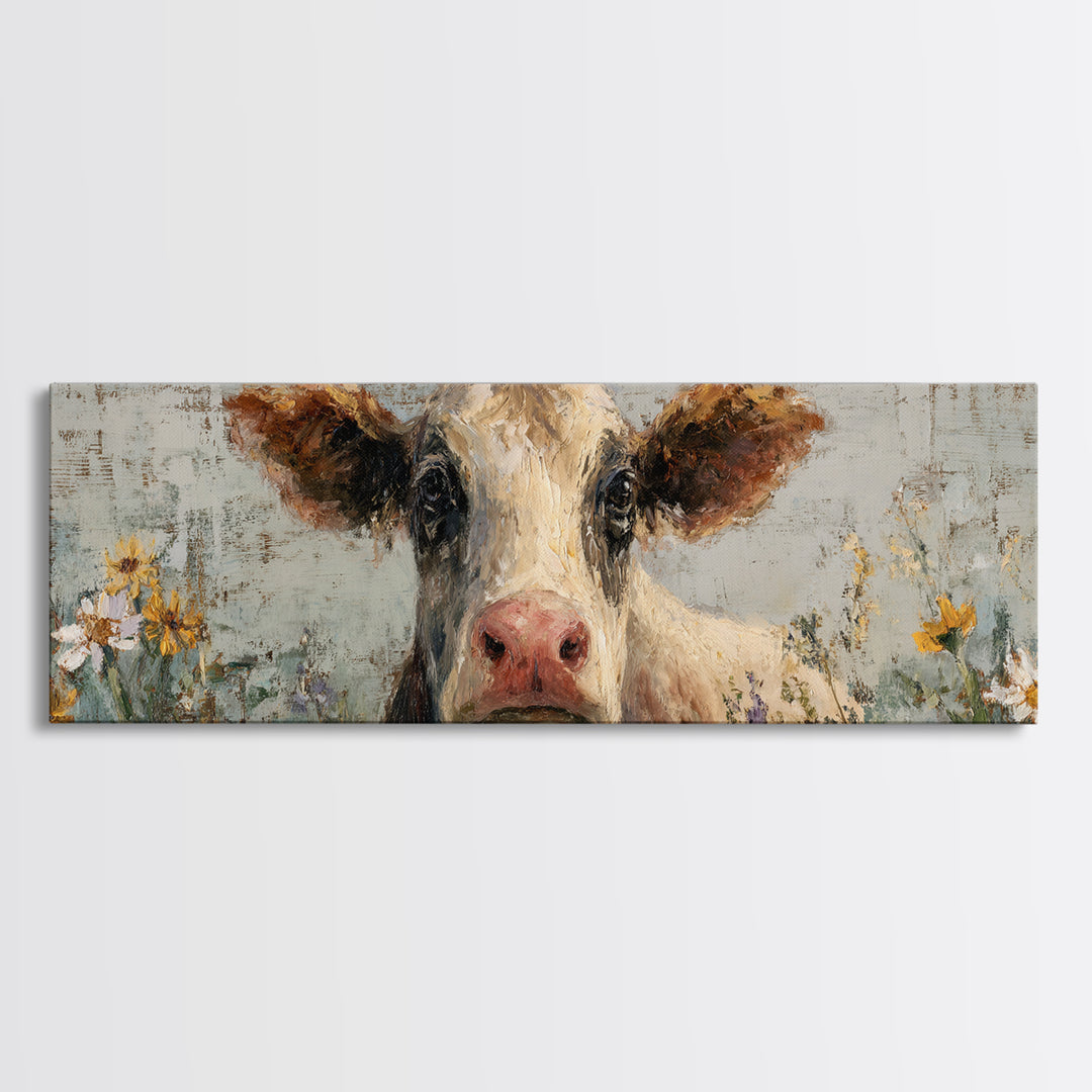 Cow Portrait with Gentle Farmhouse Personality Framed Canvas Print, Country Art, Wall Decor, Farmhouse Decor, Fine Art, Country, COU-3x1-44