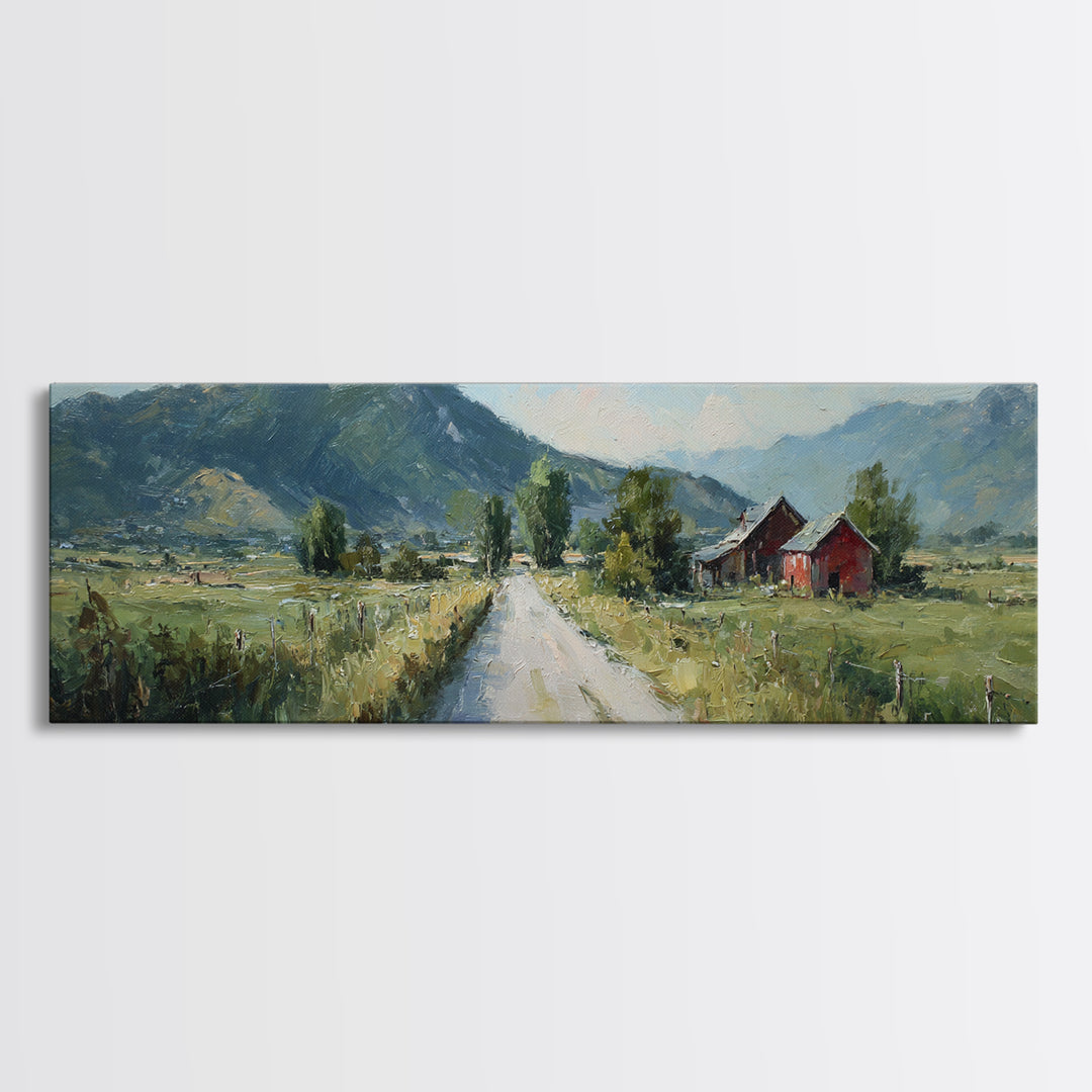 Country Road Disappearing into Green Hills Framed Canvas Print, Country Art, Art, Farmhouse Decor, Oil Painting, Country, COU-3x1-47
