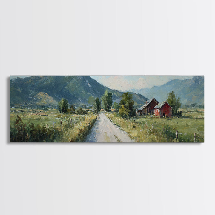 Country Road Disappearing into Green Hills Framed Canvas Print, Country Art, Art, Farmhouse Decor, Oil Painting, Country, COU-3x1-47