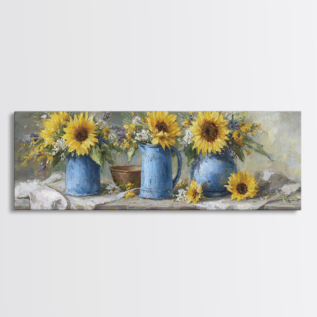 Sunflowers in a Blue Enamel Pitcher Canvas Print, Country Art, Luxury Decor, Farmhouse Decor, Fine Art, Country, COU-3x1-48