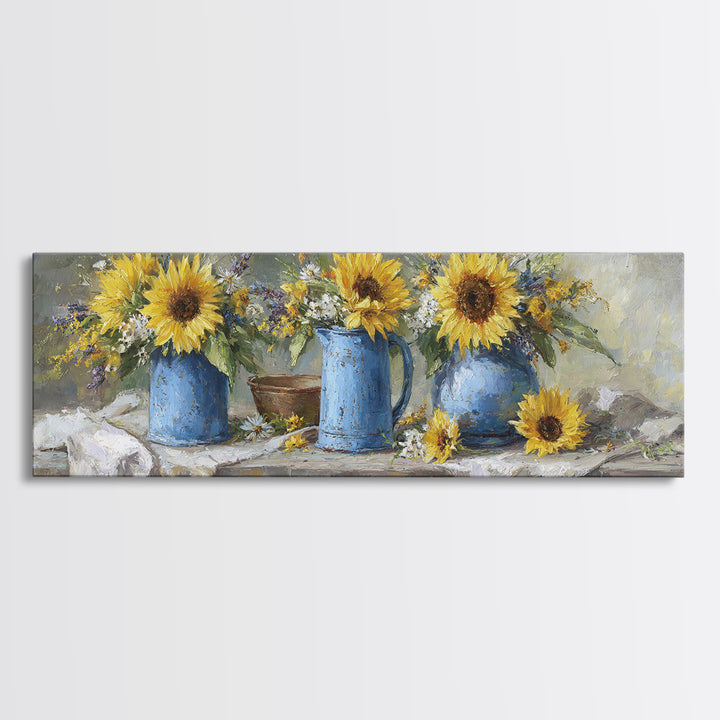 Sunflowers in a Blue Enamel Pitcher Canvas Print, Country Art, Luxury Decor, Farmhouse Decor, Fine Art, Country, COU-3x1-48