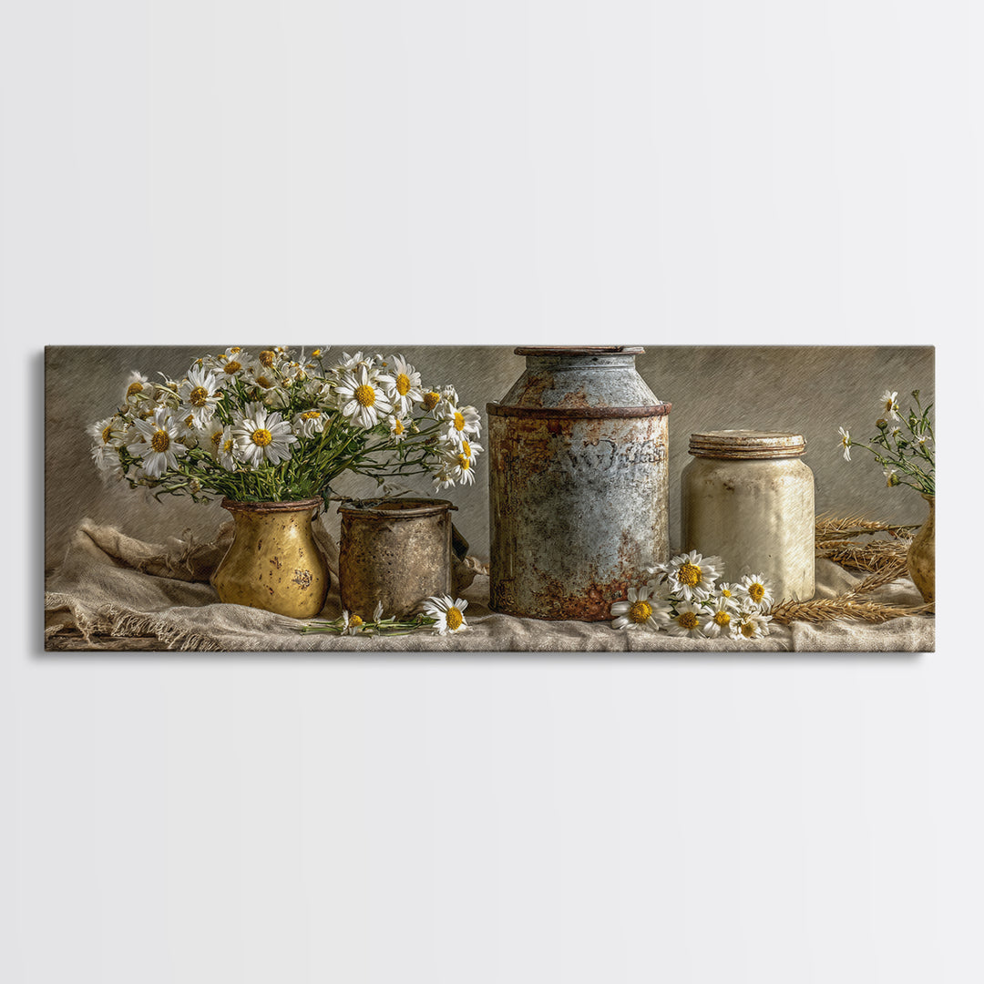 Milk Can and Daisies Rustic Still Life Framed Canvas Print, Country Art, Oil Painting, Farmhouse Decor, Watercolor Art, Country, COU-3x1-5