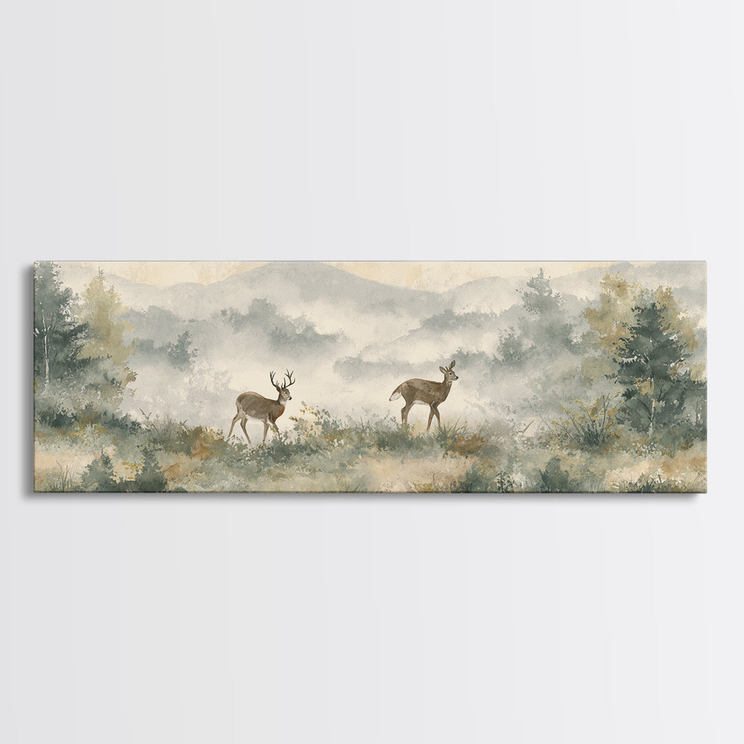 Deer Crossing a Misty Morning Field Framed Canvas Print, Country Art, Digital Prints, Farmhouse Decor, Fine Art, Country, COU-3x1-51