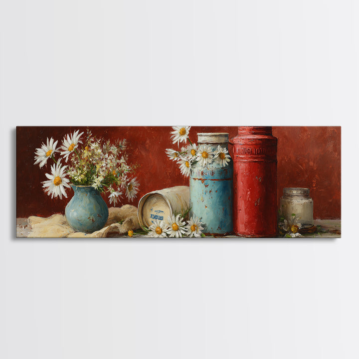 Milk Can and Daisies Rustic Still Life Framed Canvas Print, Country Art, Farmhouse Wall Decor, Farmhouse Decor, Country, COU-3x1-53