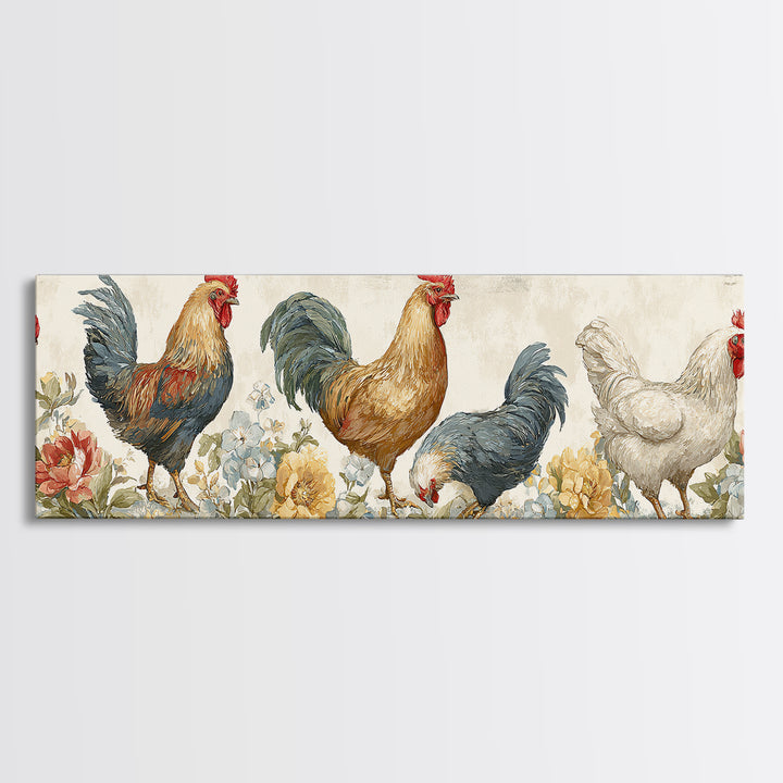 Chickens Pecking Near Garden Flowers Canvas Print, Country Art, Landscape Painting, Farmhouse Decor, Watercolor Art, Country, COU-3x1-54
