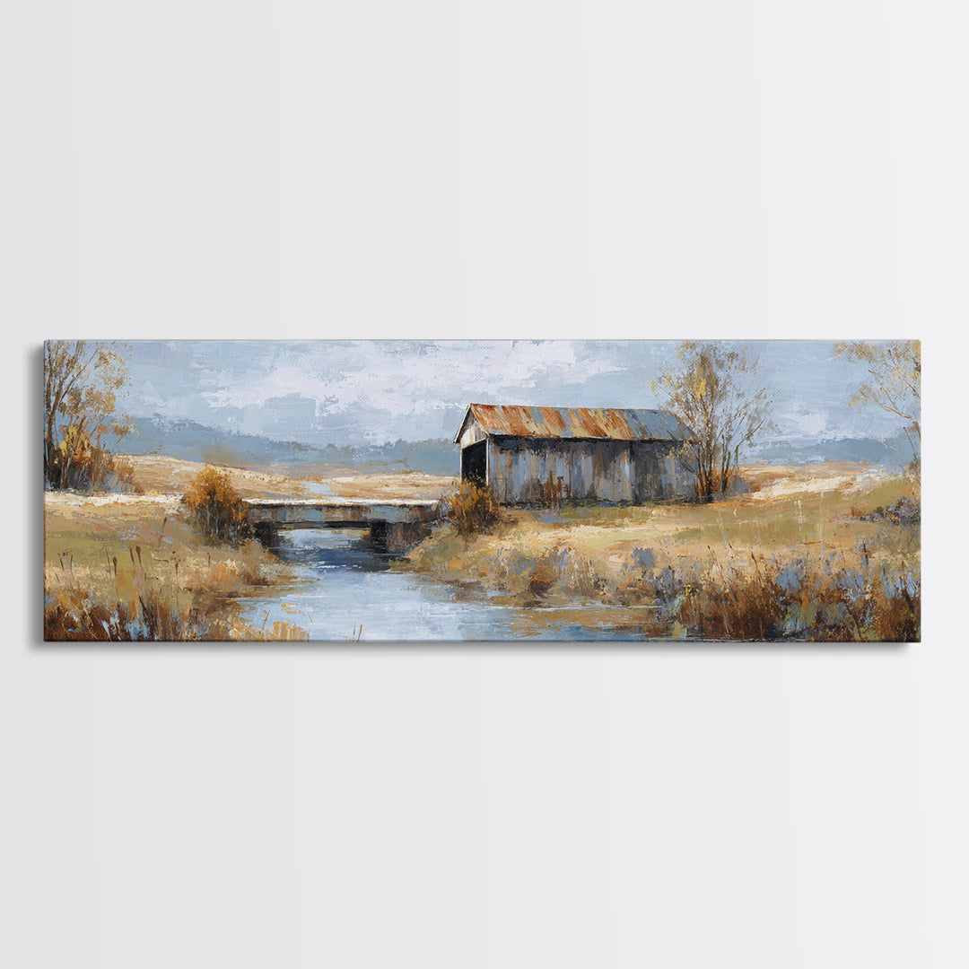 Covered Bridge over a Quiet Creek Framed Canvas Print, Country Art, Contemporary Art, Farmhouse Decor, Fine Art, Country, COU-3x1-55