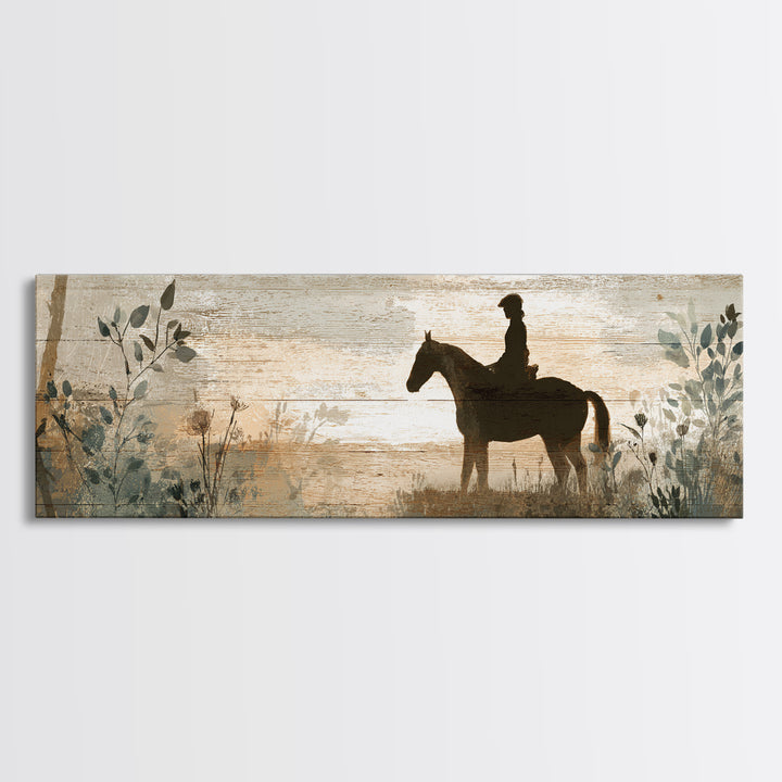 Horse and Rider Silhouette at Dusk Framed Canvas Print, Country Art, Digital Art Prints, Farmhouse Decor, Fine Art, Country, COU-3x1-57
