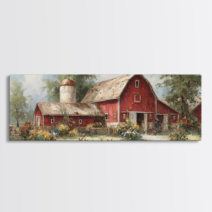 Chickens Pecking Near Garden Flowers Canvas Print, Country Art, Digital Art Prints, Farmhouse Decor, Fine Art, Country, COU-3x1-6