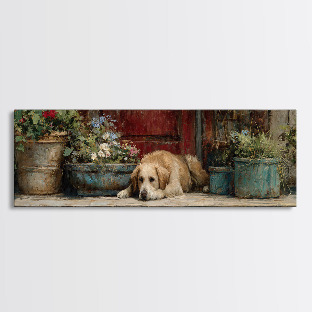 Dog Resting Beside a Porch Flower Pot Canvas Print, Country Art, Gallery Decor, Farmhouse Decor, Fine Art, Country, COU-3x1-62