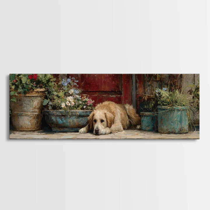 Dog Resting Beside a Porch Flower Pot Canvas Print, Country Art, Gallery Decor, Farmhouse Decor, Fine Art, Country, COU-3x1-62