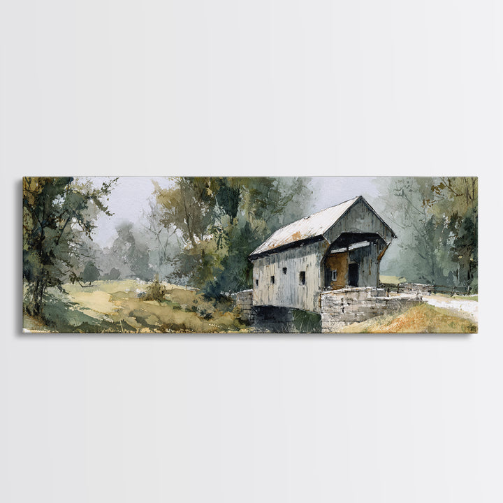 Covered Bridge over a Quiet Creek Framed Canvas Print, Country Art, Wall Decor, Farmhouse Decor, Fine Art, Country, Wall Art, COU-3x1-7