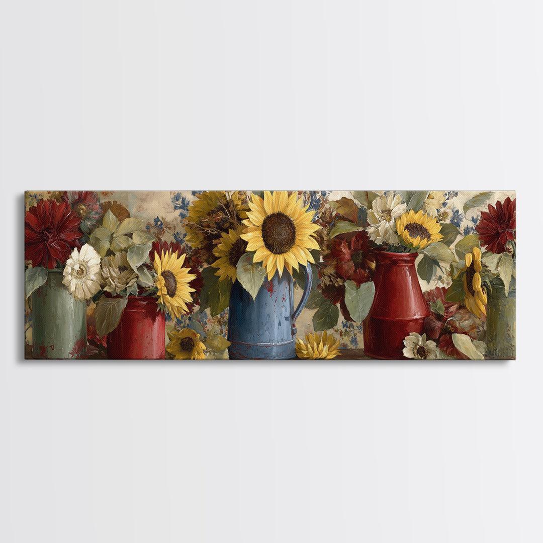 Sunflowers in a Blue Enamel Pitcher Framed Canvas Print, Country Art, Wall Art, Farmhouse Decor, Fine Art, Country, COU-3x1-72