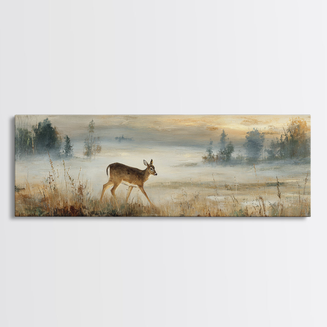 Deer Crossing a Misty Morning Field Canvas Print, Country Art, Digital Wall Art, Farmhouse Decor, Country, Floral Wall Art, COU-3x1-75